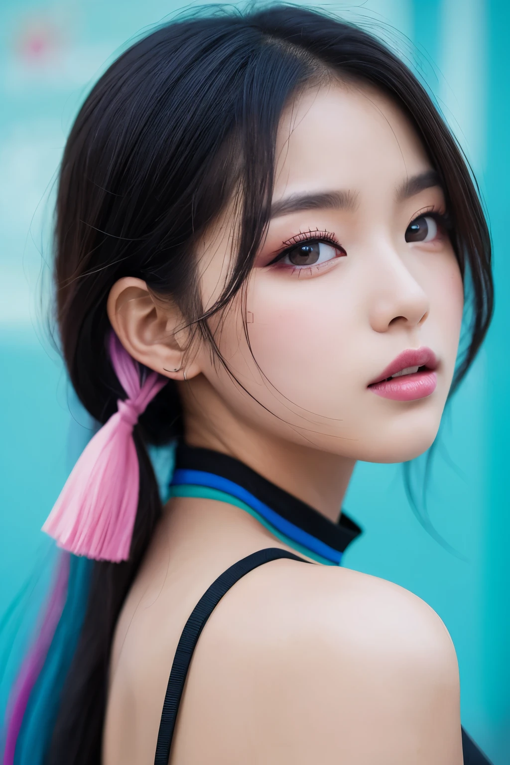 1 girl, Korean model, extremely beautiful, perfect body, tank top, jeans, necklace, earrings, bracelet, masterpiece, 8K, lifelike. Glossy pink lips, pink eyeshadow, eyelashes, blush, cosmetics, bright white skin, detailed pores, shiny skin, shiny skin. Her hair is pink, long and smooth, blowing in the wind ((floating)) under the bright sunlight. Close-up photo of the girl's face.