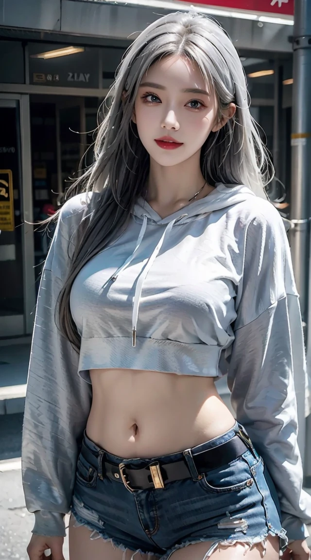 Reality, high resolution, 1 female, Shiny skin, Solitary, Jewelry, 粉红色的Lips, Long white hair, blue eyes, Shut up, Hips up, ??????? the street in summer, belly button hoodie sweatshirt,Sexy abs,Black low rise shorts, Metal belt,cowboy shot, The abdomen is completely exposed, The abdomen is open,Detailed facial features, beautiful eyes, Lips, and long eyelashes, Reality, 8K, Very detailed, Studio Lighting, Dramatic Lighting, Vibrant colors, work, Hot summer vibes,Smiling