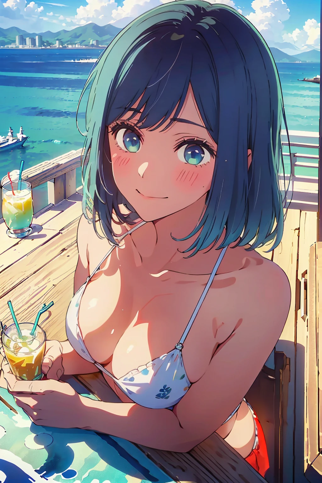 Highest quality,8k,detailed,F cup bust、Big Breasts、Slim and beautiful arms、Slim body、Very white beautiful skin、((((1 person、smile、Swimwear、She is wearing a white side-string high-leg bikini、smile、sit、In the background are the urban buildings of Tokyo、Outdoor café terrace、Drink juice、Cheek resting on hand、coastal、table、looking at the camera、Looking up、Posing with your hands、Shooting from a distance、Shot from above、Navy hair color、Very cute face))))、Sexy pose、Very blue sky、A completely cloudless sky、She tilted her head slightly、The atmosphere is bright and lively、The woman is at the center of the image。