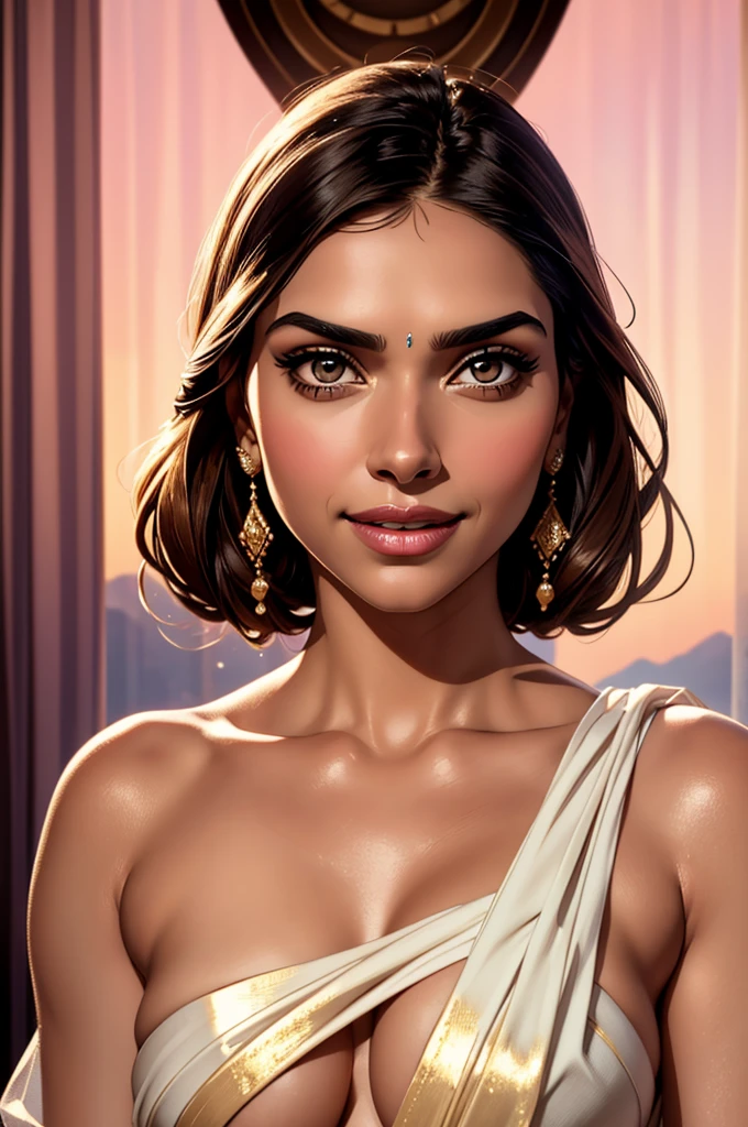 A stunning portrait of Deepika Padukone: a breathtakingly happy Indian woman posing confidently against a clean white background. Her beautiful saree drapes elegantly around her curvy figure, accentuating her 36D bust. Her perfect symmetric eyes sparkle with joy, framed by luscious lashes and set against a soft, natural skin texture. The hyperrealism is so precise that it almost feels three-dimensional. Soft light wraps around her face, highlighting the contours of her features. Shot in 8K HDR on a DSLR camera, the high-contrast image boasts cinematic lighting with subtle film grain, reminiscent of Fujifilm XT3's signature aesthetic.