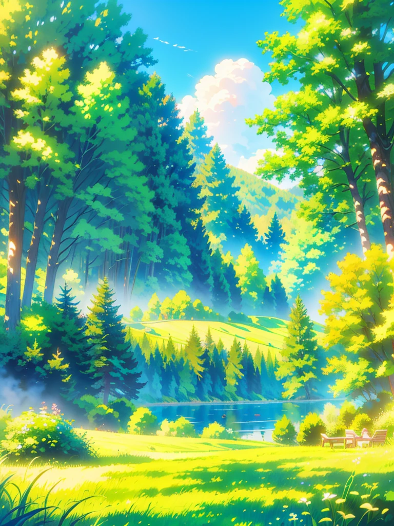 detailed picnic scene in idyllic nature, sunlit meadow with lush green grass, colorful wildflowers, tall trees, calm lake, pristine blue sky with fluffy white clouds, ultra-realistic, digital art, award-winning composition, cinematic lighting, vibrant colors, stunning landscape, high quality, highly detailed