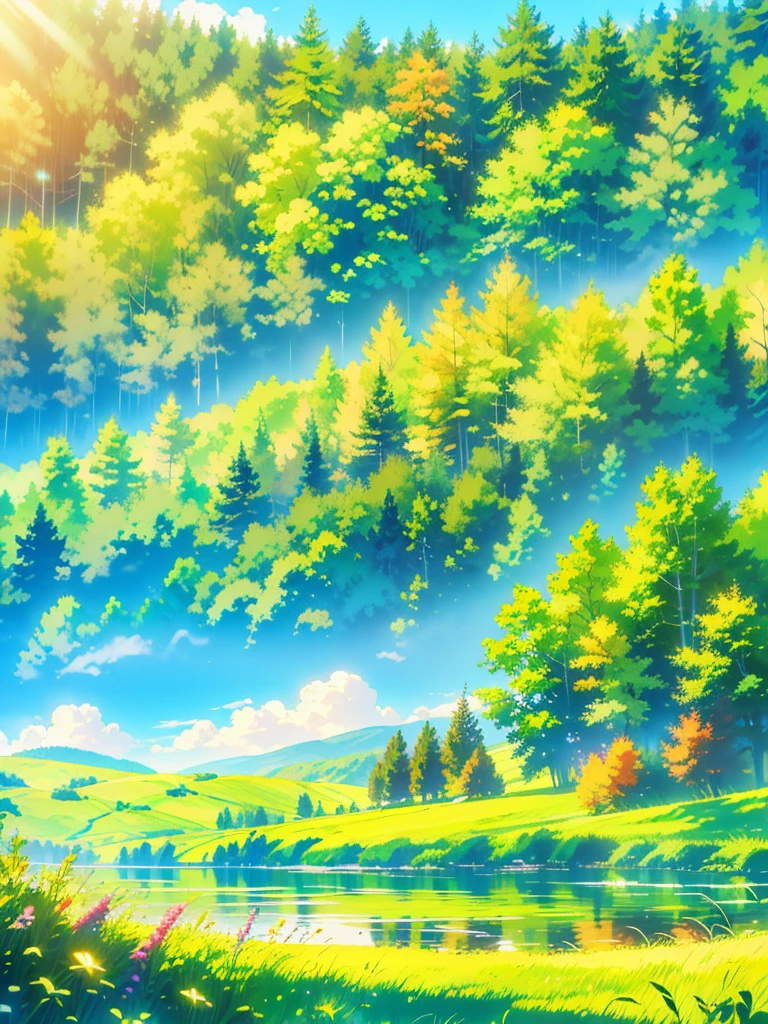 detailed picnic scene in idyllic nature, sunlit meadow with lush green grass, colorful wildflowers, tall trees, calm lake, pristine blue sky with fluffy white clouds, ultra-realistic, digital art, award-winning composition, cinematic lighting, vibrant colors, stunning landscape, high quality, highly detailed