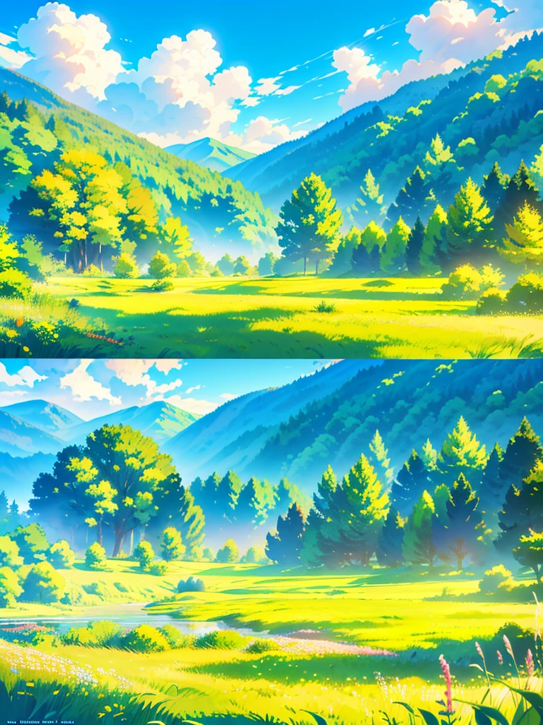 detailed picnic scene in idyllic nature, sunlit meadow with lush green grass, colorful wildflowers, tall trees, calm lake, pristine blue sky with fluffy white clouds, ultra-realistic, digital art, award-winning composition, cinematic lighting, vibrant colors, stunning landscape, high quality, highly detailed