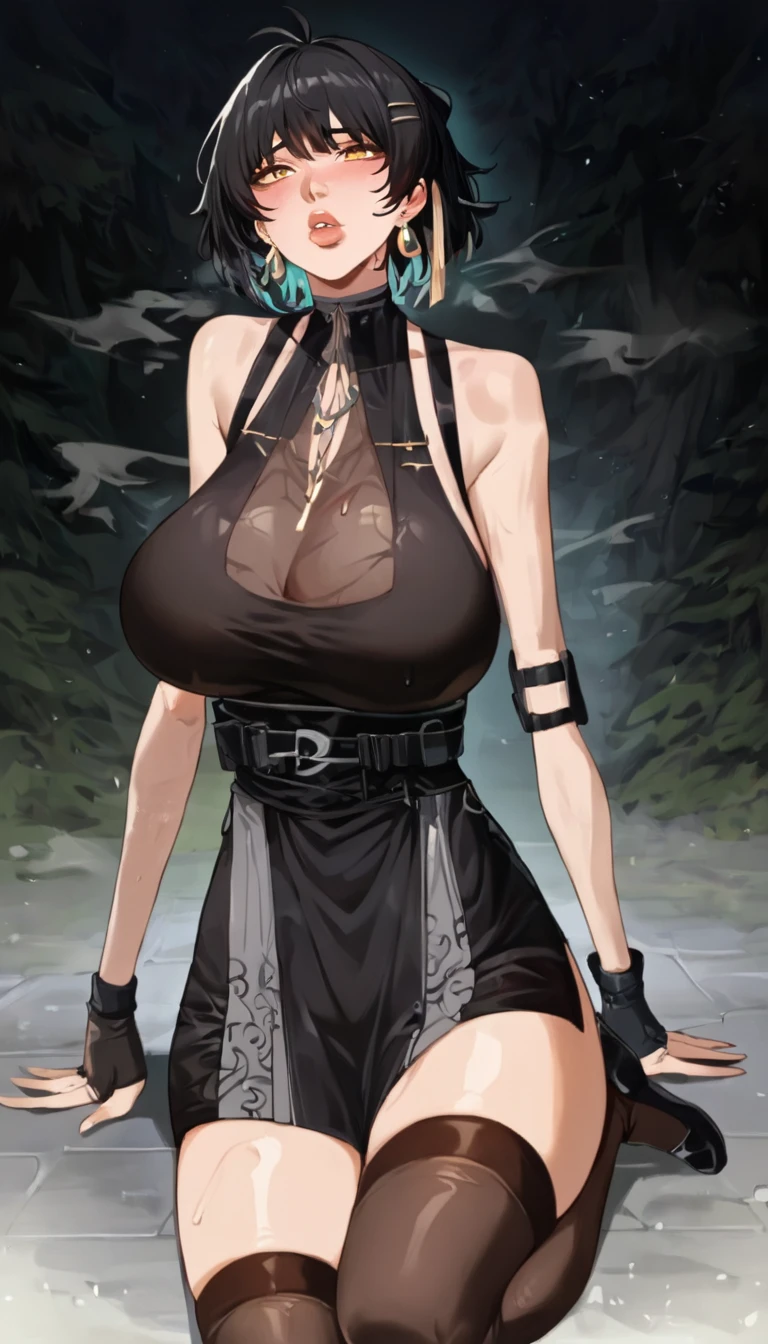 score_9, score_8_up, score_7_up, (thick lips), 1girl, gloves, bare shoulders, dress, black gloves, yellow eyes, hair ornament, thighhighs, short hair, long hair, fingerless gloves, jewelry, earrings, black footwear, black dress, sleeveless,looking at viewer, sweaty, blushing, steam, huge breasts, abs, posing, forest, night, fog