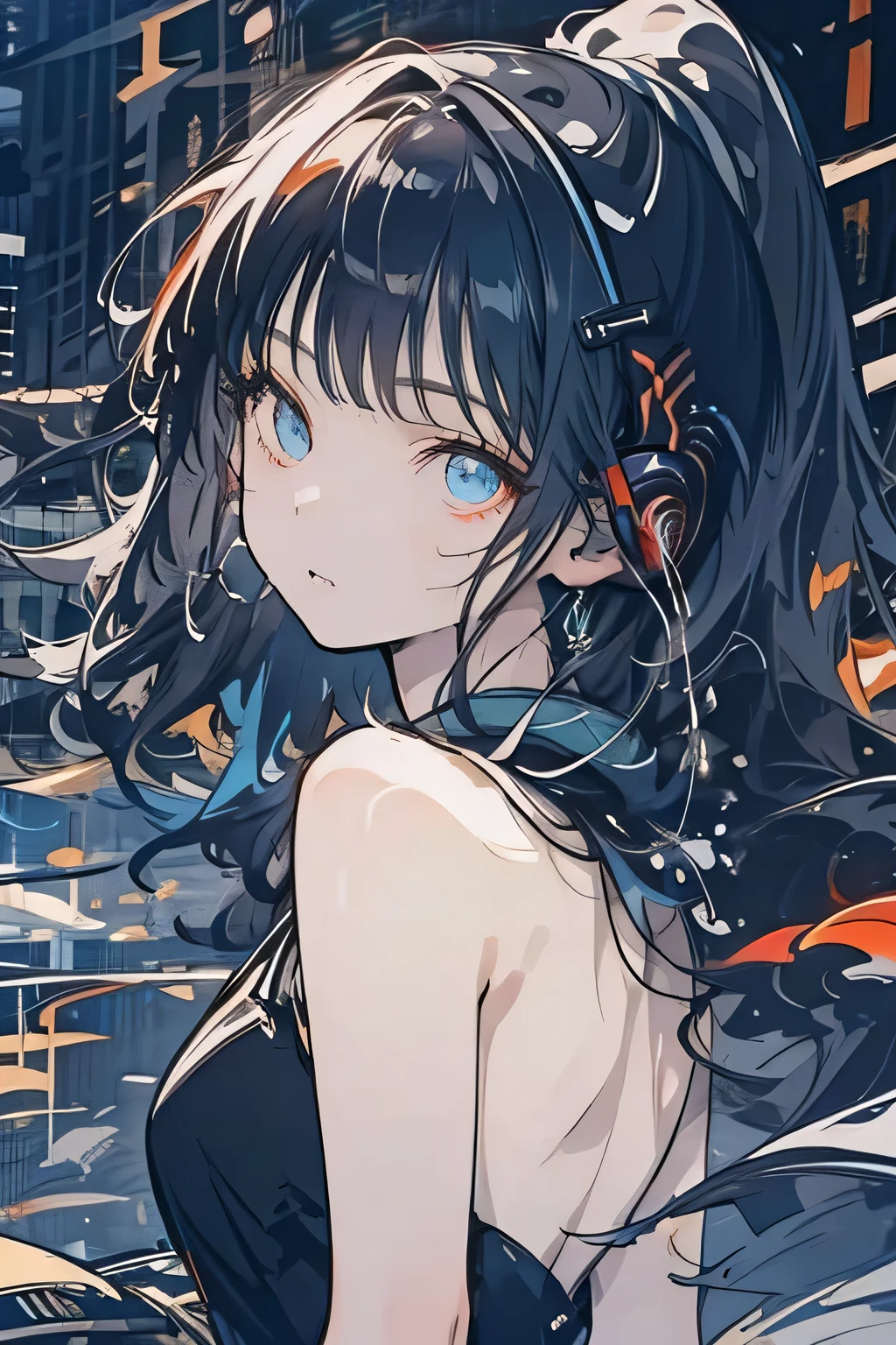 (((The background is the night city)))Facing forward、20-year-old woman、Wearing headphones around your neck、Black blue hair、Bangs、ponytail、Straight face、iridescent eye op fade:1.3)、Dark Theme、Calm colors調、Calm colors、High contrast、(Natural skin texture、Hyperrealism、Soft Light、sharp)、8k、masterpiece、 最high quality、超High resolution、最High resolution、Very detailed、background、Modern city、Skyscraper、Main Street、Professional Lighting、Light、Very detailedCG、On the side of the street、Holographic Signals、sign、A broad perspective、Sharp Noor&#39;Body Pose、Angular focus from behind、Rotation Pose、White skin、Beautiful woman、23 years old、(Detailed eyes、Almond Eye、brown right pupil、Gradient Eyes:1、Beautiful, detailed eyes:1、Symmetrical eyes:1、Big highlight around the eyes:1.2)、(Reddish brown hair、Bob Hair、Untargeted hair on the left and right is disordered.)、(Long skirt、Belted、Long coat、Sweater off-shoulder 、Long and slim beautiful hip line、Beautiful spine、My back is hunched、Tight waist、Hip line emphasis、Cheeks are a little red、Beautiful breasts、Her chest is a D cup) 、(Round face: 1.4)、(Thin fingers、Detailed Weapons、Detailed human hand)、Half-laugh、Teeth are visible、Beautiful hip line,Off-the-shoulder clothing,Accentuate your cleavage, sexy, Huge breasts,Accentuate your hips at the back,Fine hand, Five fingers, The right human hand, Fine grain,Textured skin, Super detailed, High detail, high quality, Awards, 最high quality, High resolution, 1080p, High resolution, 4K, 8k, 16k

