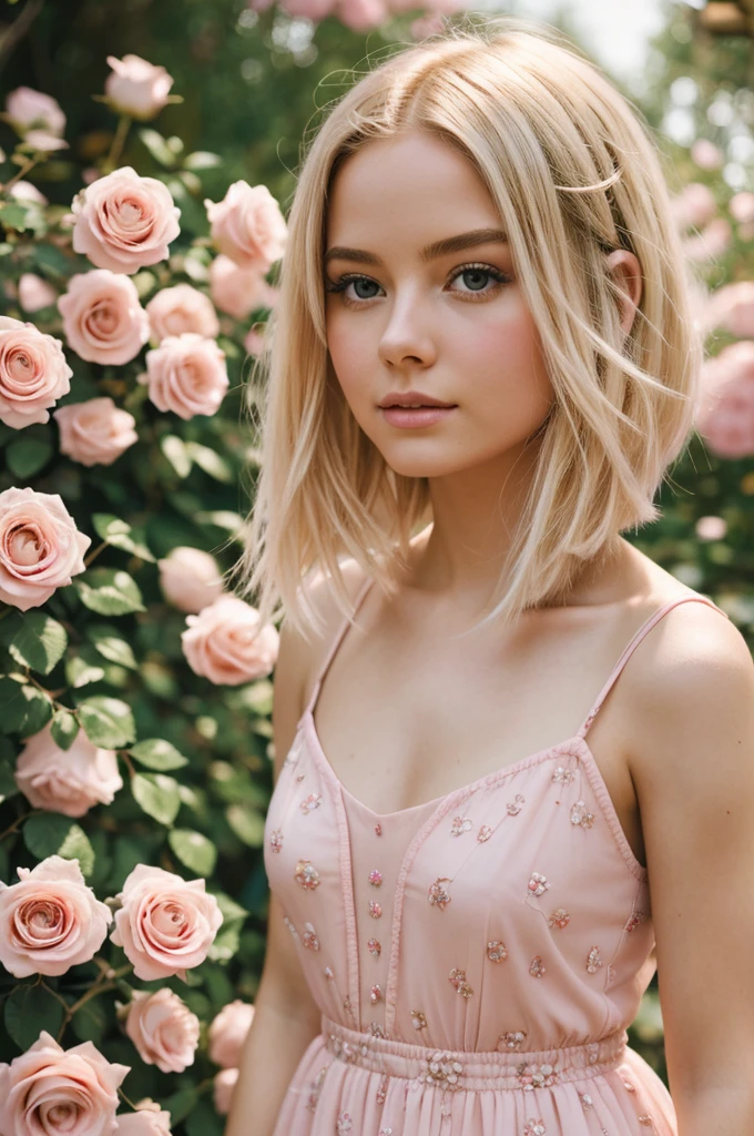 8k, RAW photo, Fujifilm, style photo of a beautiful young woman as avril in a garden of light pink roses (highly detailed skin: 1.2) Style-Petal BREAK short hair, blonde hair with colored locks, wearing a dress, film granulation, 35mm, cute style