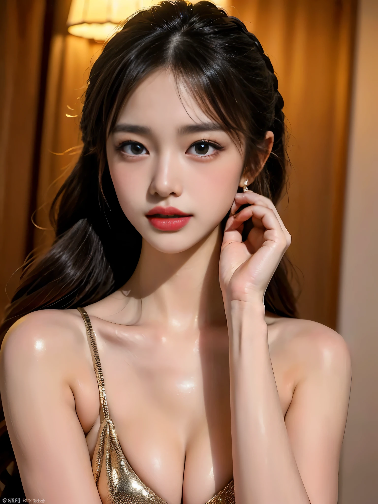 (16k, Surreal, masterpiece:1.30), Professional photography, Written boundary depth, Deep Shadows、Cinema Lighting, Soft Light, (Ultra-detailed beautiful faces:1.7), ((Ultra-detailed beautiful slim body:1.4)), ((Ultra detailed symmetrical brown eyes, Eyelashes, double eyelid, Ultra detailed beautiful eyes:1.4)), ((Ultra-detailed beautiful lips, Lip gloss, Ultra-detailed, beautiful porcelain skin:1.4)), ((Super detailed and beautiful hairstyle,, Asymmetrical bangs:1.4)), ((Perfect Anatomy:1.15)), Beautiful Japanese female idols, (Ultra-detailed, radiant oily skin:1.5), (Random Seductive Pose 1.6), (Cute smile:1.3), (View your viewers:1.3), ((Ultra-detailed beautiful breasts, Ecup cleavage:1.4)), small diamond earrings, small diamond necklace, Wear a swimsuit under your clothes, See-through clothing, ((Exposing shoulders:1.3)), ((Skin-tight super tight outfit 1.3)), (Bare hands and feet), (Super Shine Latex:1.3), ((Ultra-detailed light brown outfit features)), (Open your mouth, 23 years old), (Droopy Eyes 1.2), Slime