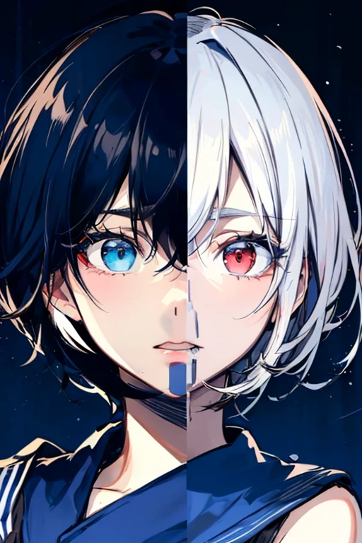masterpiece,best quality,ultra-detailed,8k,high resolution,vulcn style, Black and Red,One Girl,(short hair:1.2),Highly detailed eyes,Highly detailed face,Very fine hair,masterpiece,Highest quality,(Left and right split theme:1.0),Without gaps,Heterochromia iridis,((2 tone hair:1.2)),(Chiaroscuro:1.2),(On the left are black hair and red eyes,On the right are white hair and blue eyes:1.2),(Sailor suit:1.2)
