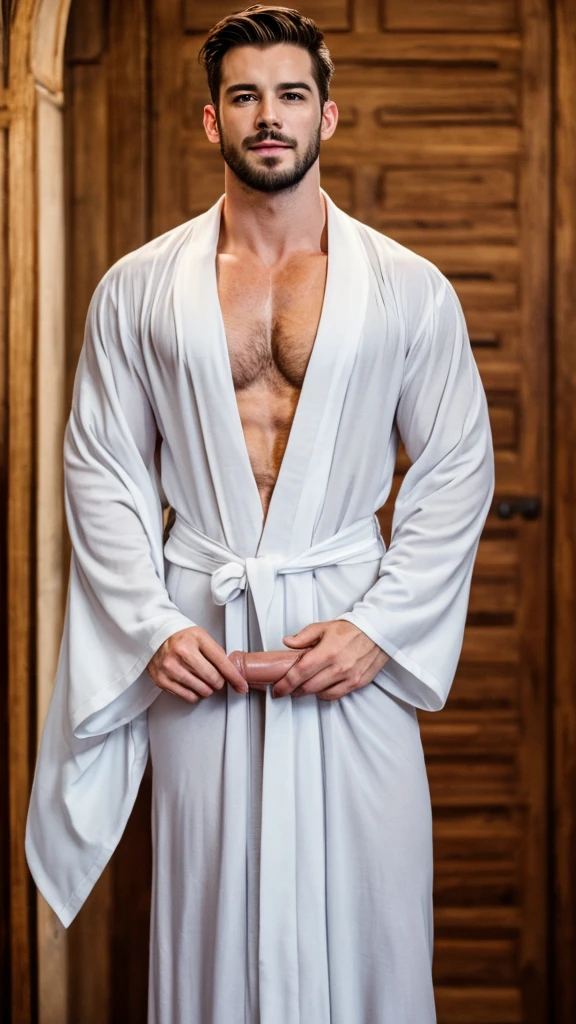 A sexy but inocent looking (man ), wearing a night gown type robe , intricate designs ,mediaeval period, gorgeous face, looking at me seductively, crisp and clear photo, nsfw, homoerotic ,penis