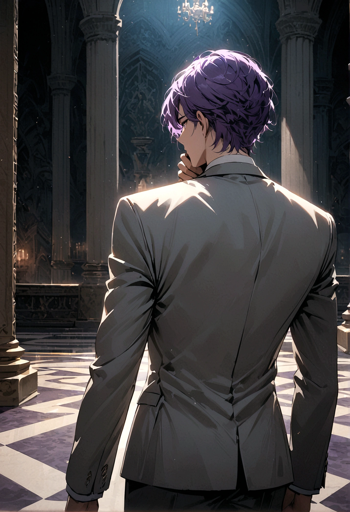 A man with purple hair and white eyes in a gray suit, his back turned half his face, stood alone in the middle of the palace at night.