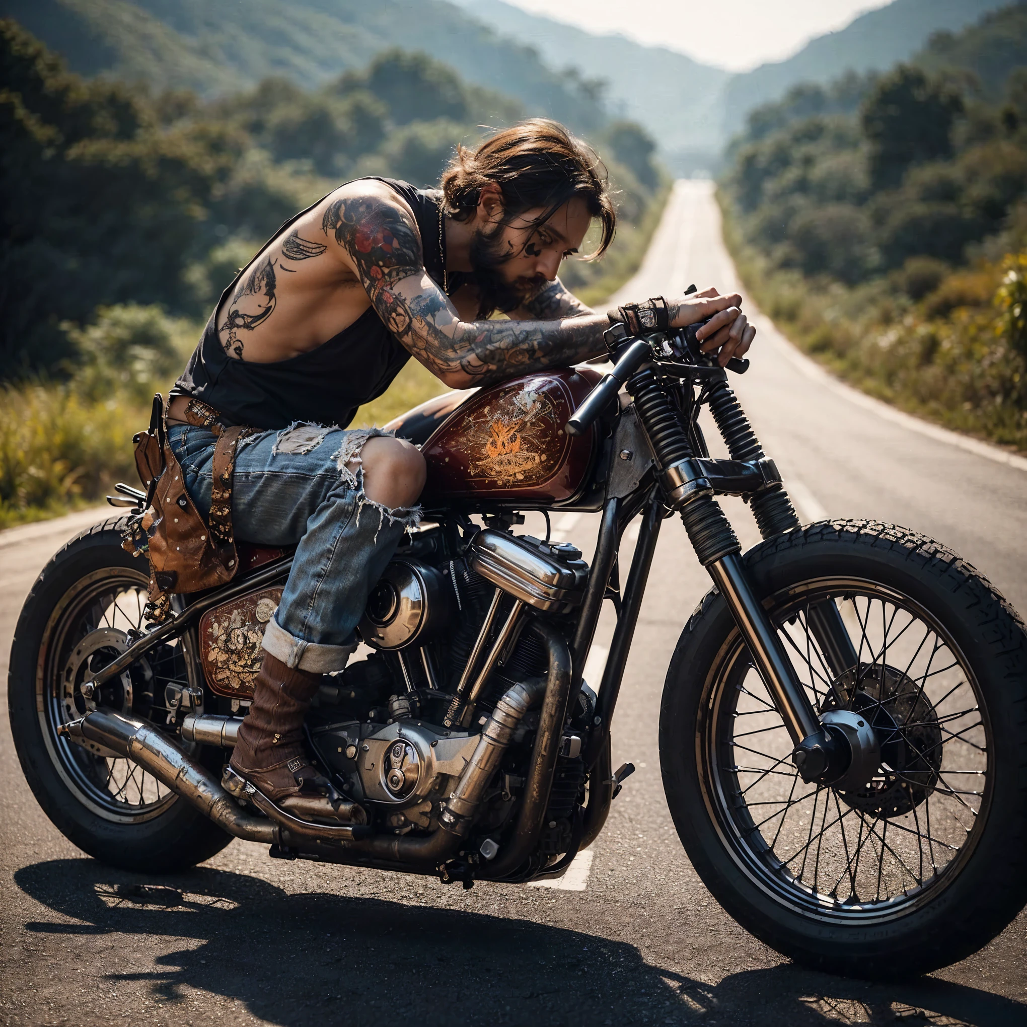 1980s, cafe racer, Harley Davidson, man, riders wear, beautiful face, torn pants, very intricate details, clean paint, single road in wilderness, realistic photo, taken with Fuji film X-T30+Nokton. HDR10