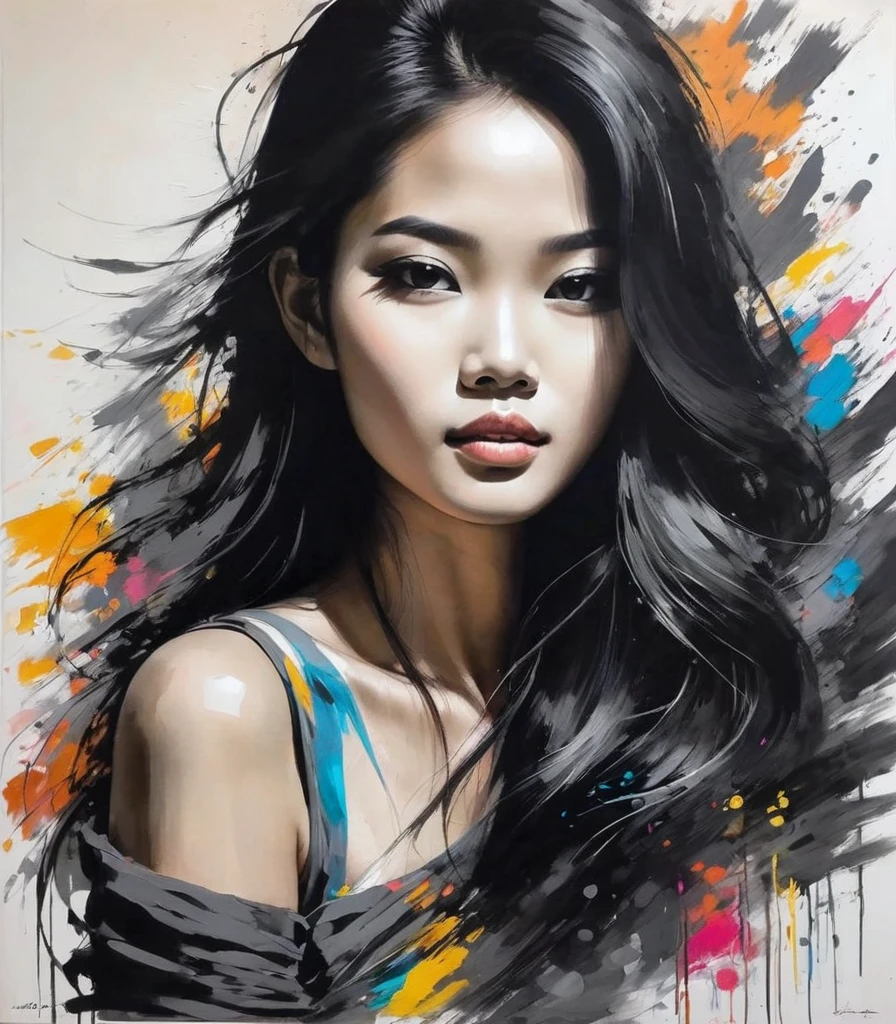black charcoal art,Thai artist Thawan Duchanee uses colorful brush strokes to create a portrait of a young woman's face.