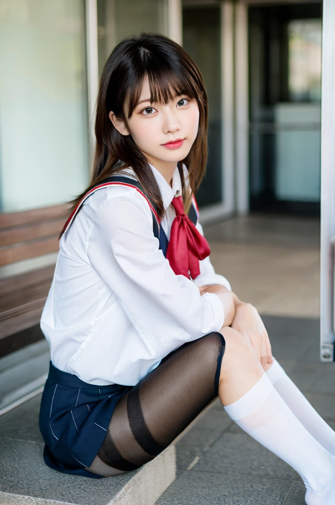 Urzan-6500-v1.1, (RAW Photos:1.2), (Realistic:1.4), Beautiful detailed girl, Very detailed eyes and face, Beautiful attention to detail, Ridiculous, incredibly Ridiculous, Large file size, Very detailedな, High resolution, Very detailed, Highest quality, masterpiece, Kemomimi, ((Japanese high school girls uniform)), figure, Very detailed, CG, Unified, 8k wallpaper, wonderful, Fine details, masterpiece, Highest quality, Very detailed CG uniform 8k wallpaper, Light on the face, Cinema Lighting, One girl, 16 years old, ((No pants)), ((Dynamic pose))), (Camel Toe), (half), (pantyhose), (Sit with your knees bent and your legs bent))