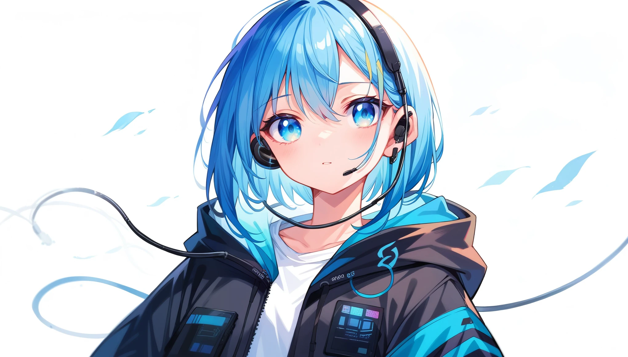 1 girl, Solitary,  Hooded jacket, Cool, earphone, RGB lighting earphones, earphones with Blue lighting, earphone with cable, Blue lighting, 