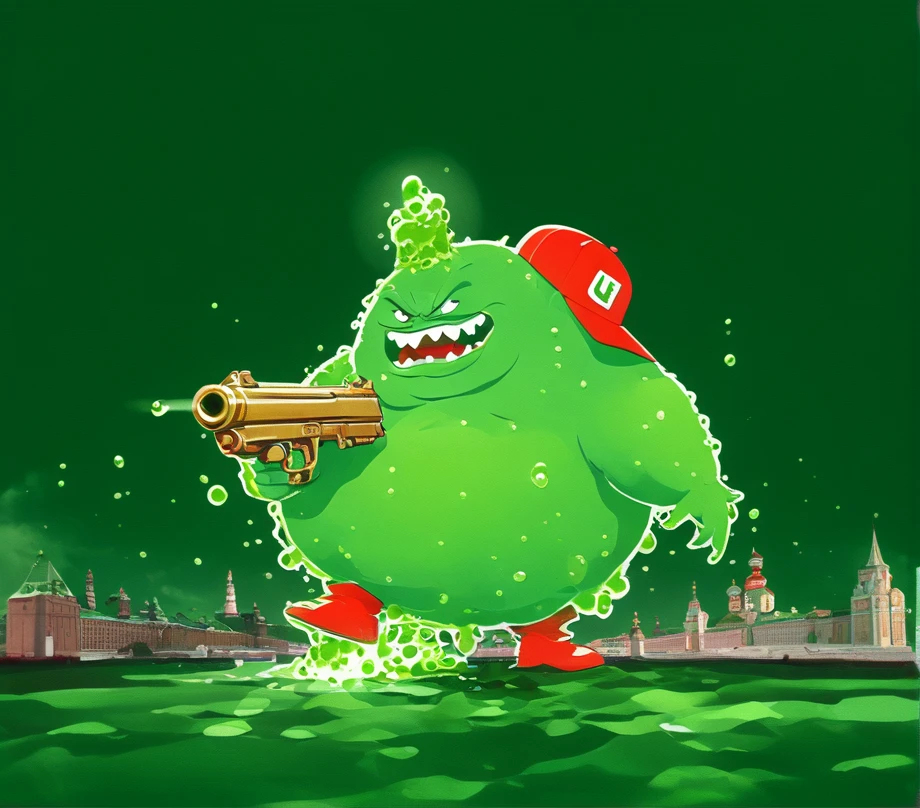 Bigger Extra Fat Blob Big Green Bacteria Monster Boy, Red Cap, holding Uzi Gun, Moscow 