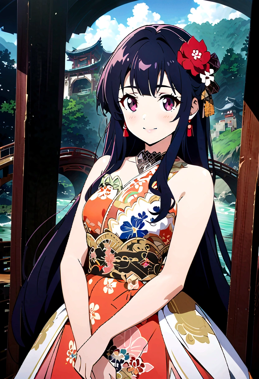 Anime girl in a kimono crossing a river with a bridge in the background, Beautiful Anime girl, Anime Style 4k, onmyoji portrait, Cute anime waifu in a nice dress, Beautiful Anime portrait, Beautiful Anime woman, The Detailed Art of the Onmyoji, Beautiful Anime, Beautiful Anime artwork, Long Hair Anime Girl, Anime Art Wallpapers 8K