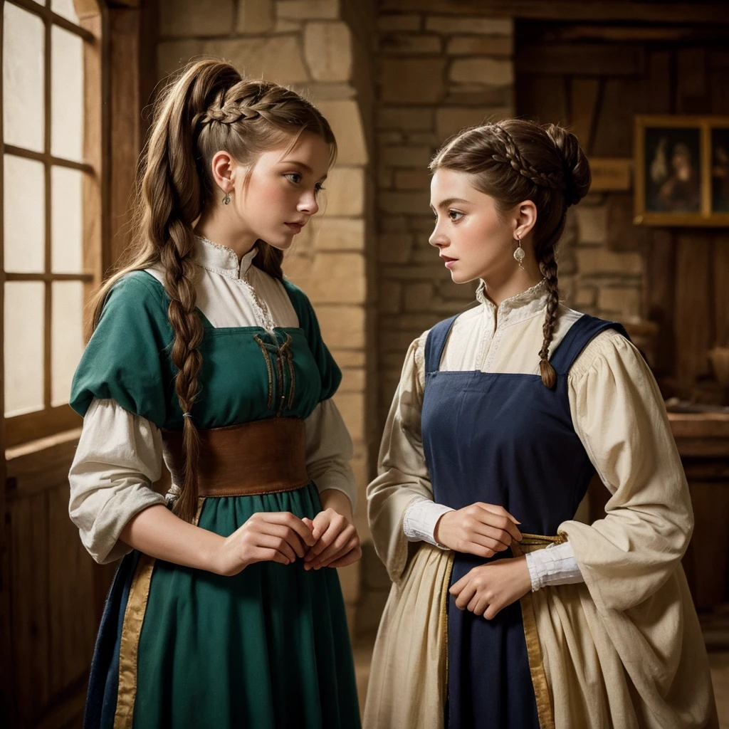 Medieval portrait, Medieval clothing and hairstyles, A touch reminiscent of Vermeer&#39;s paintings, A maid cutting vegetables, Similar to Emma Watson, Profile of a man working seriously, Natural light through the window, A slightly dimly lit room