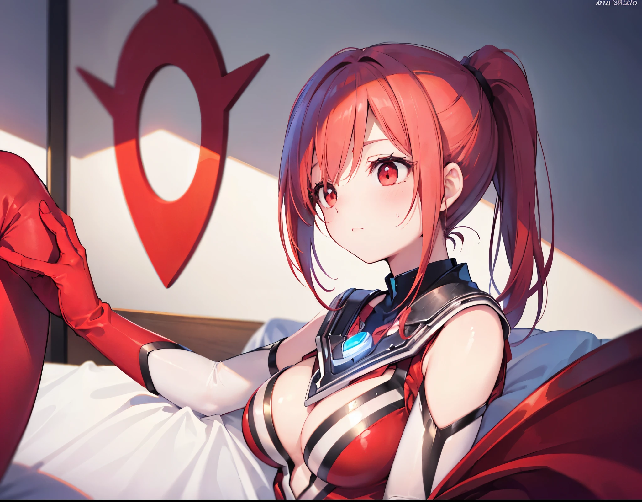 (Close-up:1.3),Realistic,Highest quality, Ultra Detail, High-quality CG rendering, The most delicate and beautiful, Floating softly, High resolution, (1 giant girl), (Highest quality,4K,8K,masterpiece:1.2),(All red hair:1.5), (ponytail:1.5),(Red eyes:1.5), (Ultra Girl:1.0), (All red Ultraman bodysuit:1.4),(Do not expose your skin:1.5),(Slightly larger breasts:1.5),(Red gloves:1.3),(Red Shoes:1.3),(Upper Body:1.3),Troubled face,Small room,(Collapsed in bed:1.3),Defeated,Sleep,Are sleeping