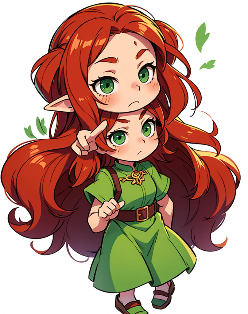a chibi elf female, with long auburn hair, green eyes, slightly blushing cheeks, wearing a green dress and shoes, fierce, pointing
