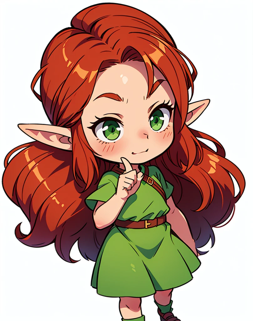 a chibi elf female, with long auburn hair, green eyes, slightly blushing cheeks, wearing a green dress and shoes, fierce, pointing
