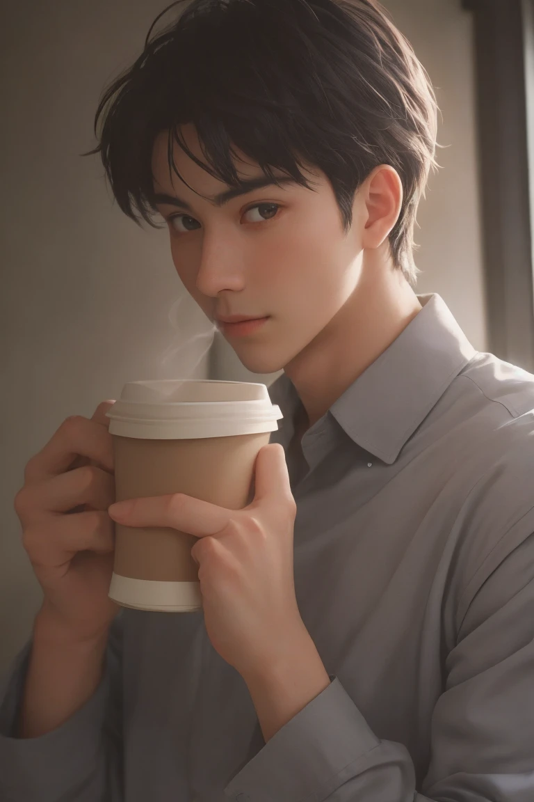 Handsome man portrait, Shoot with Leica, shadow play, Gorgeous lighting, Subtle pastel tones, indoor，Wearing a gray shirt，Holding coffee，Looking at the audience，deep feeling