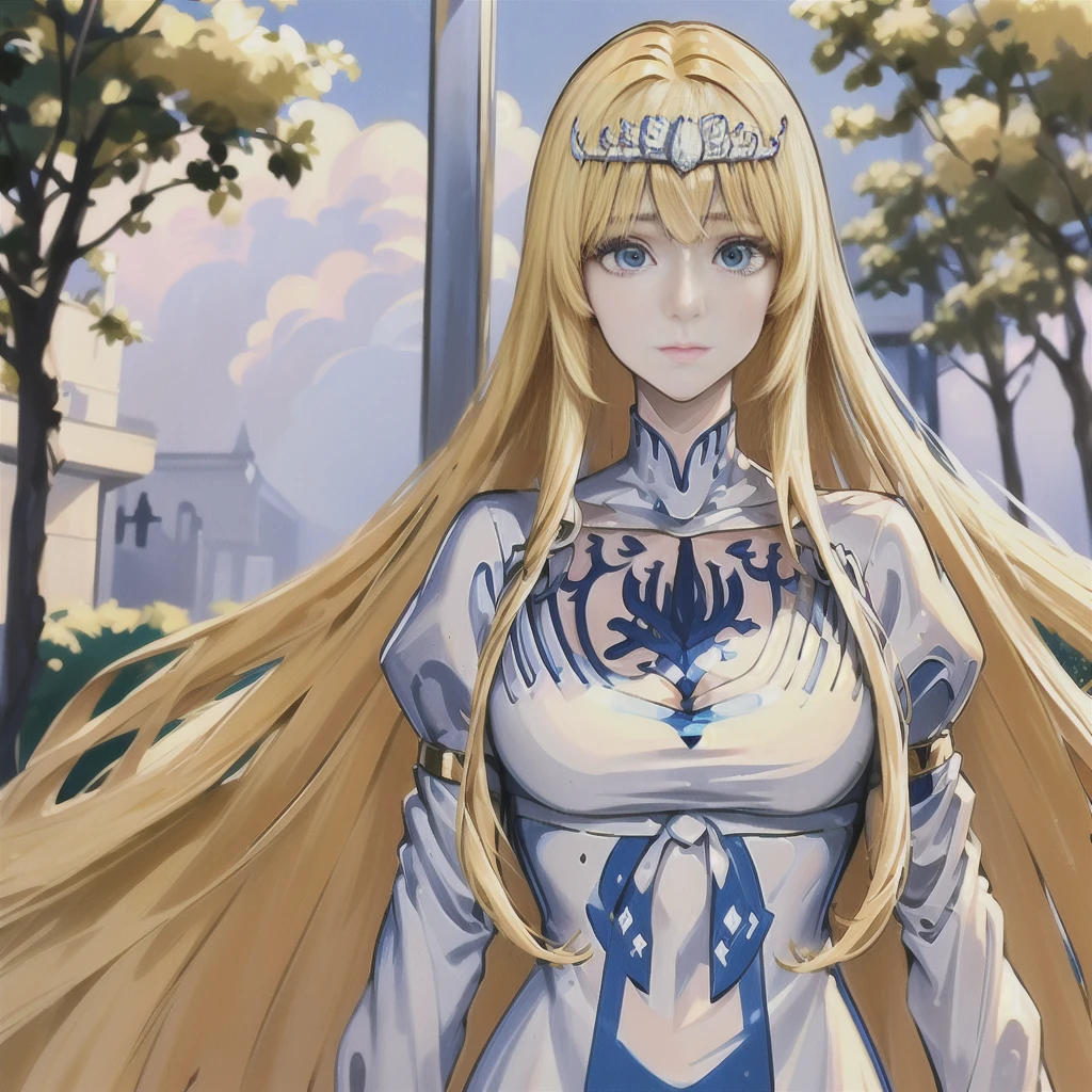 , 1girl, solo, Calca, Calca Bessarez, blonde hair, extremely long hair, very long hair, white tiara, silver tiara, white dress, blue eyes, medium chest