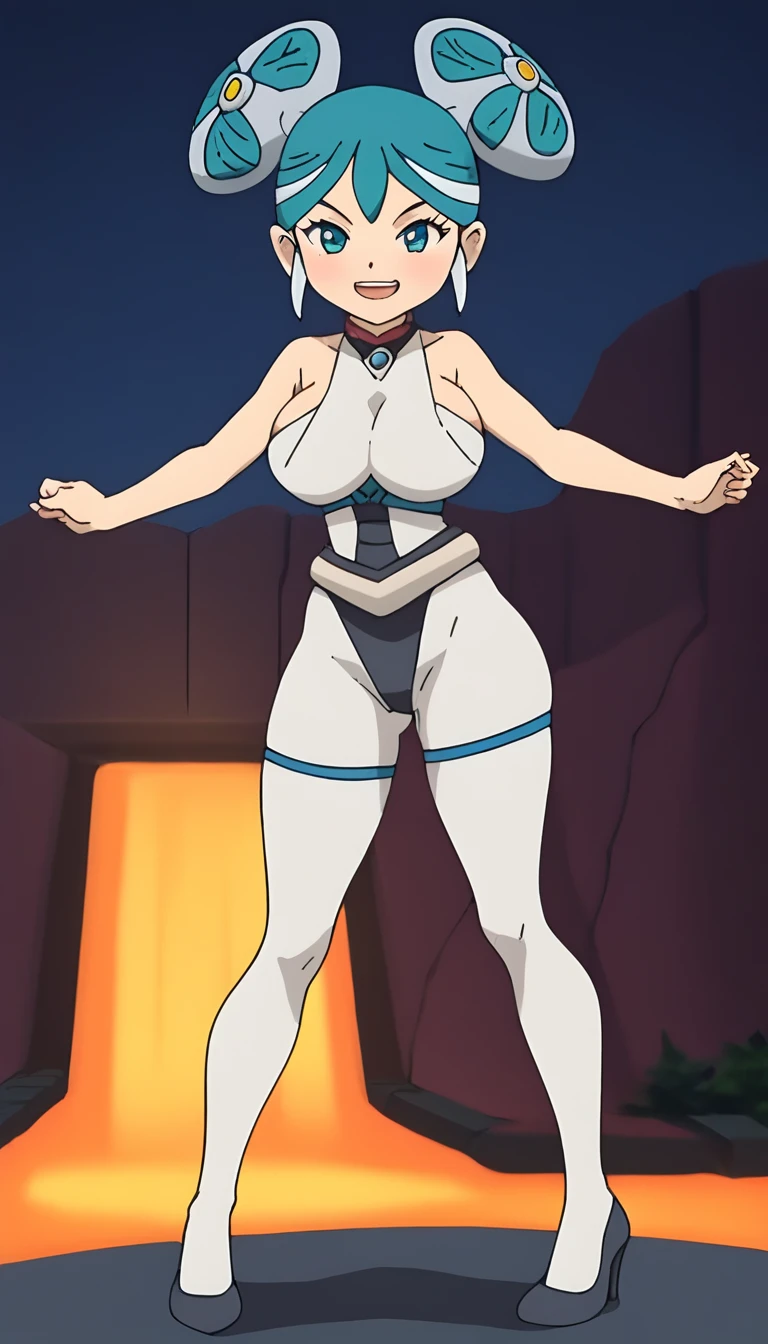 best quality,ultra detailed,looking at viewer,solo,1girl,score_9, score_8_up, score_7_up, score_6_up, score_5_up, score_4_up, source_anime, maquia, two-tone hair, aqua hair, aqua eyes,white bodysuit,looking at viewer, smile,big breasts, standing sexy pose, (front view,portrait),full body, standing on lava,heavenly ass, heavenly breasts, big ass, no shoes, wearing white heels, upset, long legs