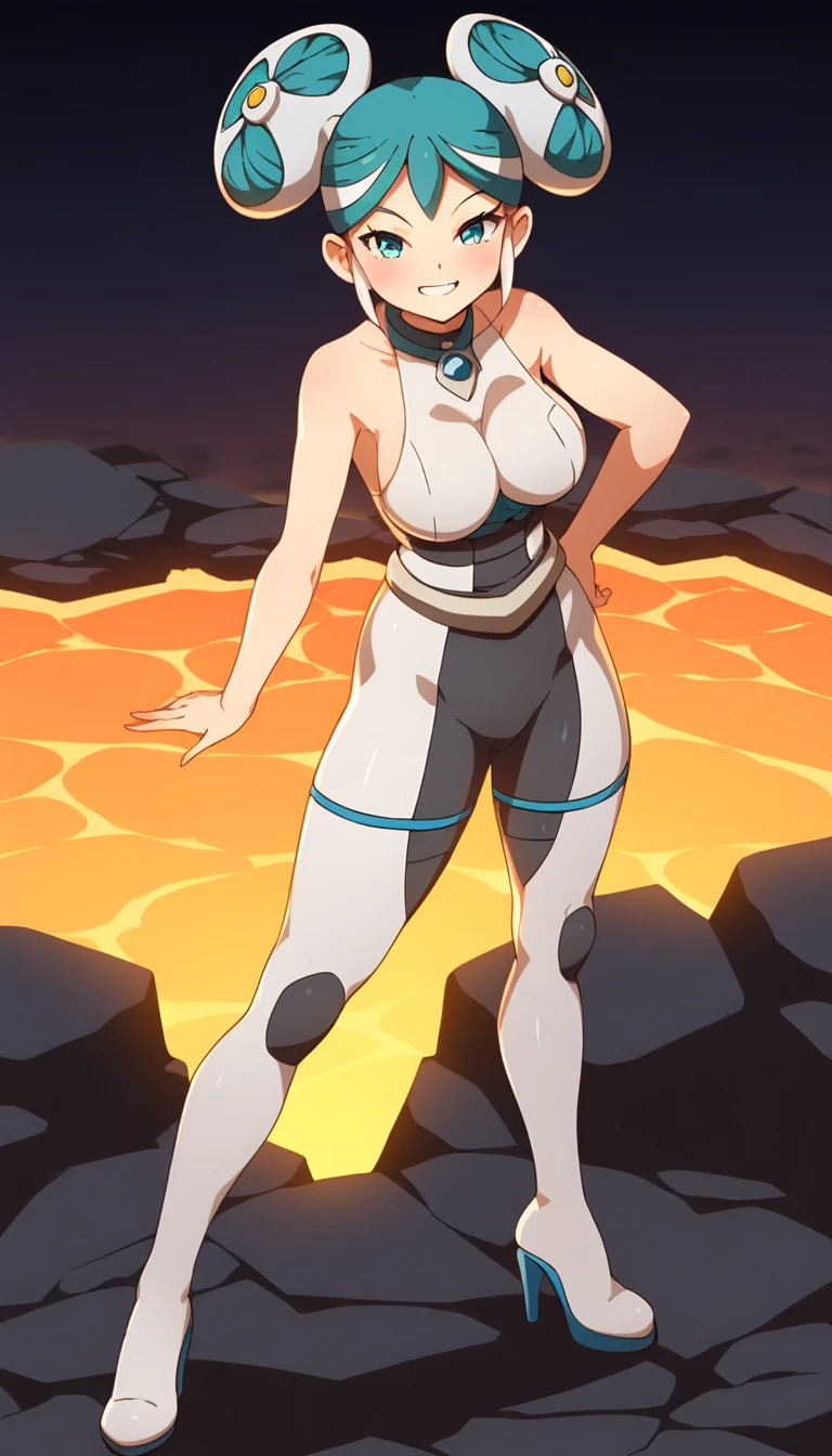 best quality,ultra detailed,looking at viewer,solo,1girl,score_9, score_8_up, score_7_up, score_6_up, score_5_up, score_4_up, source_anime, maquia, two-tone hair, aqua hair, aqua eyes,white bodysuit,looking at viewer, smile,big breasts, standing sexy pose, (front view,portrait),full body, standing on lava,heavenly ass, heavenly breasts, big ass, no shoes, wearing white heels, upset, long legs