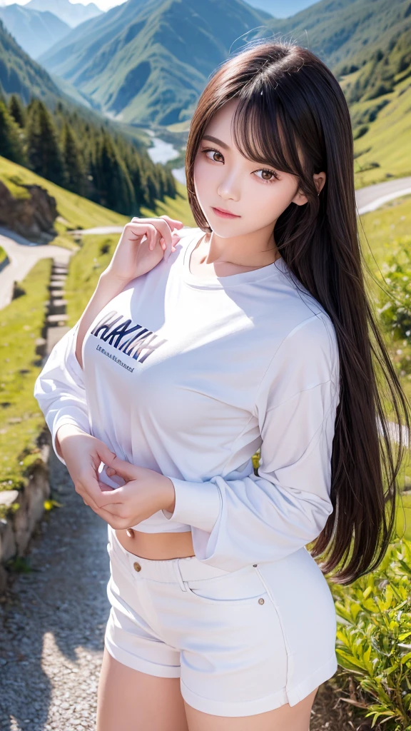 lovers
1 young handsome man aged 25 years wearing a school uniform
1 beautiful young woman aged wearing a long-sleeved white t-shirt wearing tight white shorts
place in the mountains