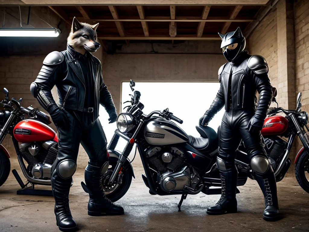 three wolf in leather suits standing next to motorcycles in a garage, leather armored, skintight suits, leather clothes under the armor, hev suit, black leather robes! intricate, leather clothing and boots, leather clothing, wearing a full leather outfit, motorcycles, wearing techwear and armor, triumphant, leather clothes, leather robes, photoshoot, dressed in biker leather