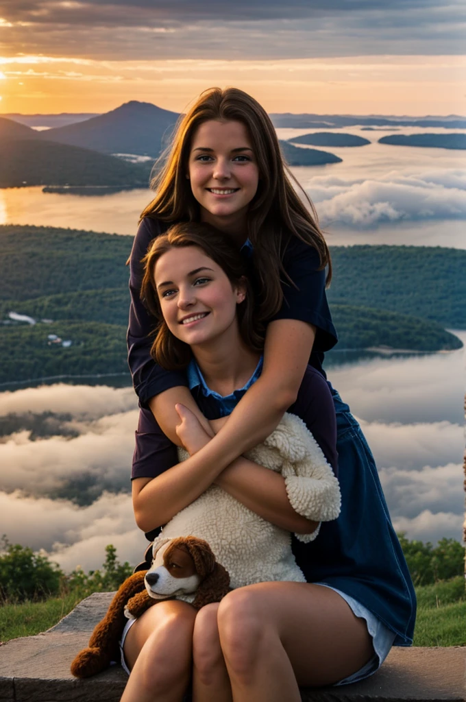 girl with brown hair and blue eyes sitting on a cloud watching the sunset with her bernie’s Mountain dog