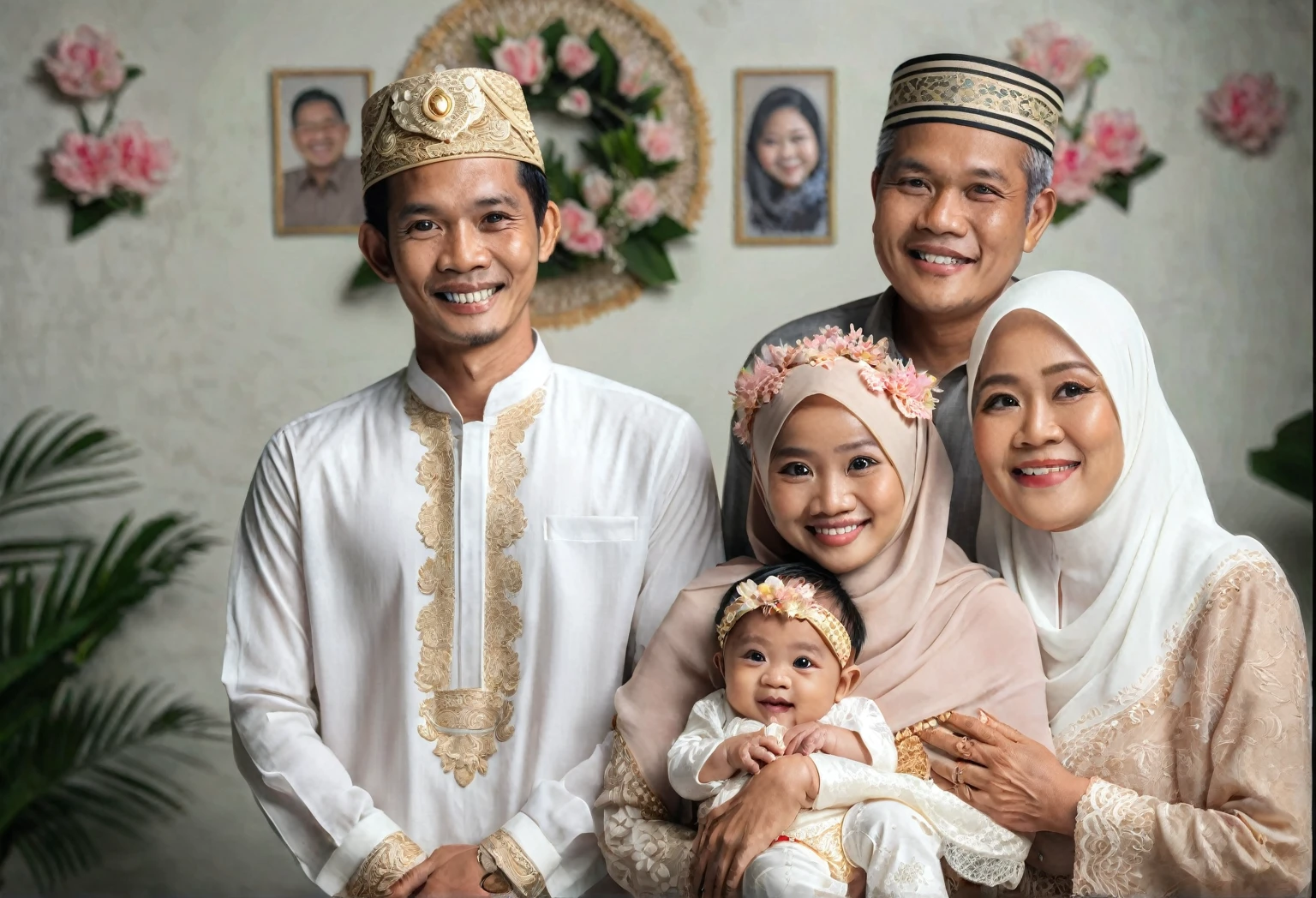 there are three people posing for a picture with a baby, an indonesian family portrait, barong family, full protrait, traditional portrait, happy family, highly detailed photo portrait, fullbody or portrait, family portrait, realistic portrait photo, portrait shot, potrait, family photography, barong family member, heartwarming, award winning portrait, award-winning portrait