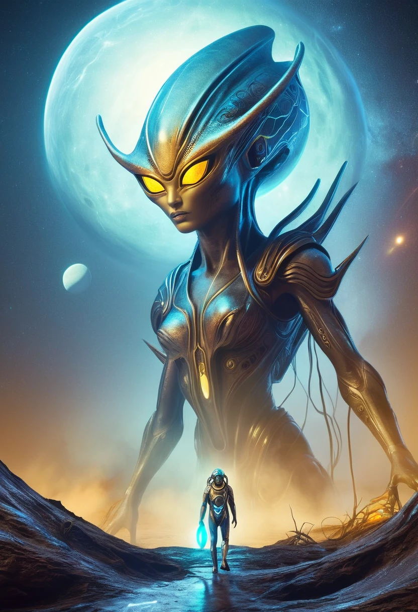 An alien creature from a galaxy far, far away,Demonstrates impressive supernatural abilities,This entity is shrouded in an aura of mystery and power.,Radiating dazzling energy and distinctly non-human features。Its sharp eyes look down upon the earth,Absorb the complexity of human culture and life。This scene is set against the backdrop of a vast, dark universe and mysterious alien structures.,The dark background further highlights the strangeness and huge size of the alien creatures.,The tiny earth is illuminated,Showing its beauty and diversity,This alien is unlike any life form on Earth,Standing in front of a large Zerg-style spaceship,This spaceship is StarCraft style,Alien beauty,The edges are uneven,Unique structure,As if there is life