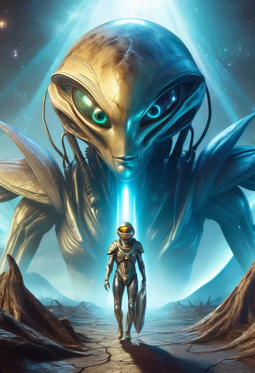 A high-quality professional illustration of [Danligur], and Eva emerging from the fallen alien in a surreal style.