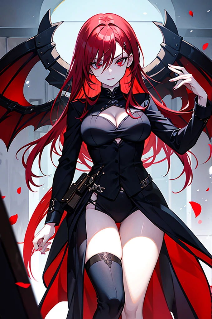 This character is a woman with an imposing and captivating appearance. She has long, flamboyant red hair that falls elegantly over her shoulders and down her back. His eyes are an intense red, adding an aura of mystery and danger. She has a pale complexion and fine facial features, with lips often drawn into a slight, enigmatic smile. She wears a sophisticated outfit, probably a dark uniform or suit, which reinforces her professional and serious appearance. His posture is straight and confident, exuding unwavering confidence.