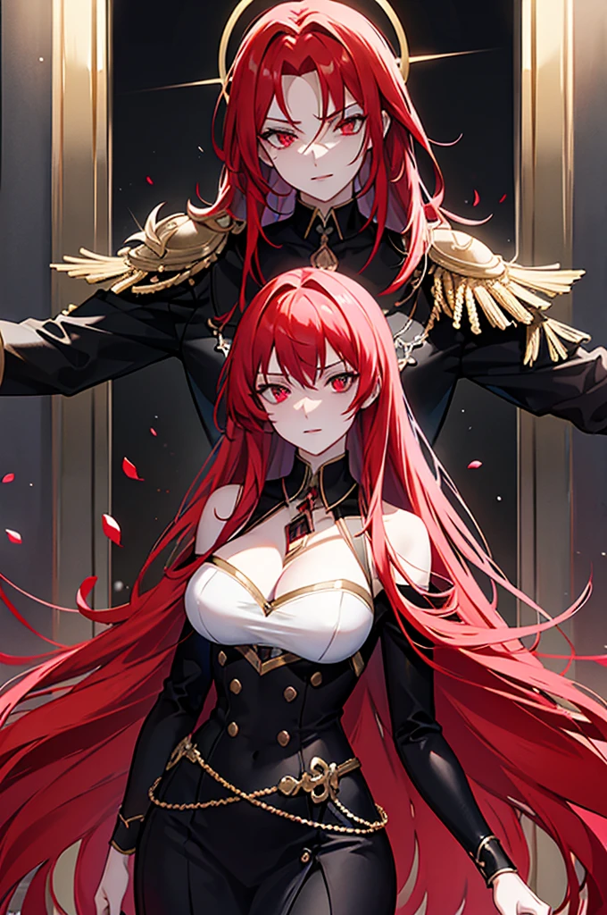 This character is a woman with an imposing and captivating appearance. She has long, flamboyant red hair that falls elegantly over her shoulders and down her back. His eyes are an intense red, adding an aura of mystery and danger. She has a pale complexion and fine facial features, with lips often drawn into a slight, enigmatic smile. She wears a sophisticated outfit, probably a dark uniform or suit, which reinforces her professional and serious appearance. His posture is straight and confident, exuding unwavering confidence.