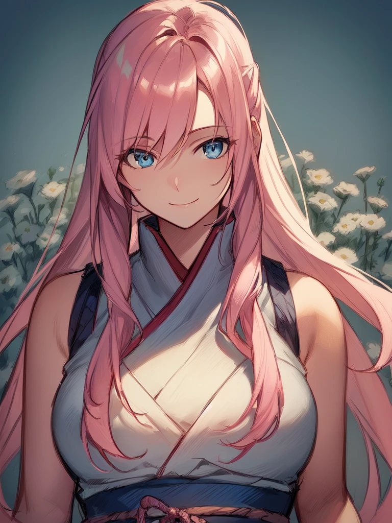 ((spiked hair)), ((long hair)), ((light pink hair)), ((light blue eyes)), ((cheerful expression)), (shinobi clothing)), ((light skin)), ((flowers)), ((complementary colors)), ((mature female)), 1girl, beautifully drawn, high resolution illustration, best quality, High definition, ((detailed anime sketch)), Masterpiece, (solo), absurdres, portrait, ((upper body)), detailed background, fine detail, female focus, HDR,
