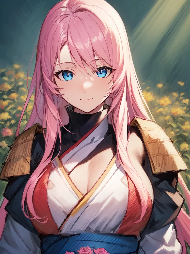 ((spiked hair)), ((long hair)), ((light pink hair)), ((light blue eyes)), ((cheerful expression)), (shinobi clothing)), ((light skin)), ((flowers)), ((complementary colors)), ((mature female)), 1girl, beautifully drawn, high resolution illustration, best quality, High definition, ((detailed anime sketch)), Masterpiece, (solo), absurdres, portrait, ((upper body)), detailed background, fine detail, female focus, HDR,
