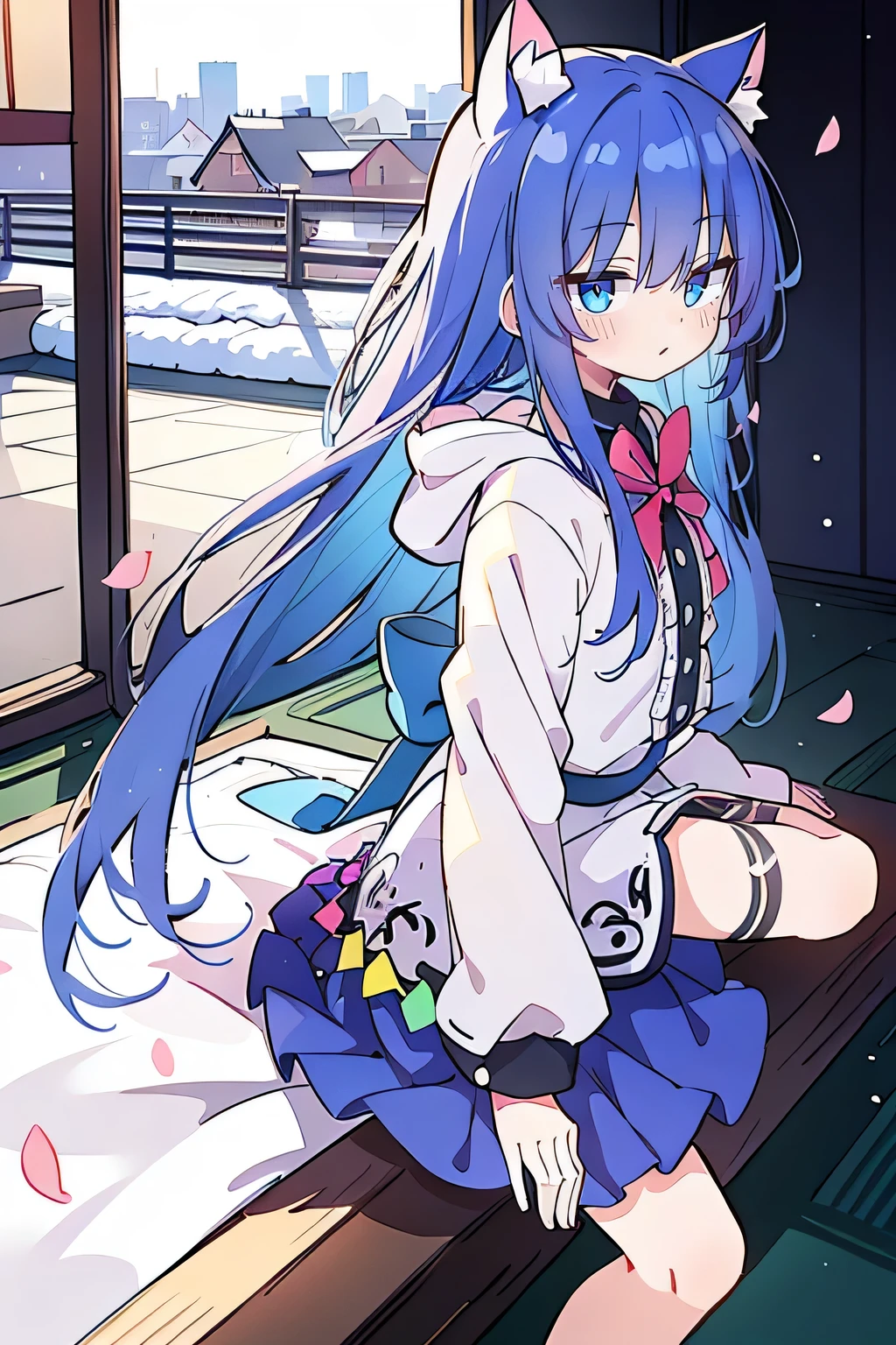 （masterpiece：1.2），Super detailed，lifelike，Expressive eyes，fair skin，perfect face shape，1 girl，
Japanese comics,Gorgeous blue hair,flowing blue hair,flowing clothes,Cat ears,Petals fall,beautiful lola,Baby Angel,
Shaking head with one hand，Cross your legs，Gentle and peaceful background，The pavilion is cool and comfortable,smile, wearing hoodie, background of tokyo,back views,snowing, winter.