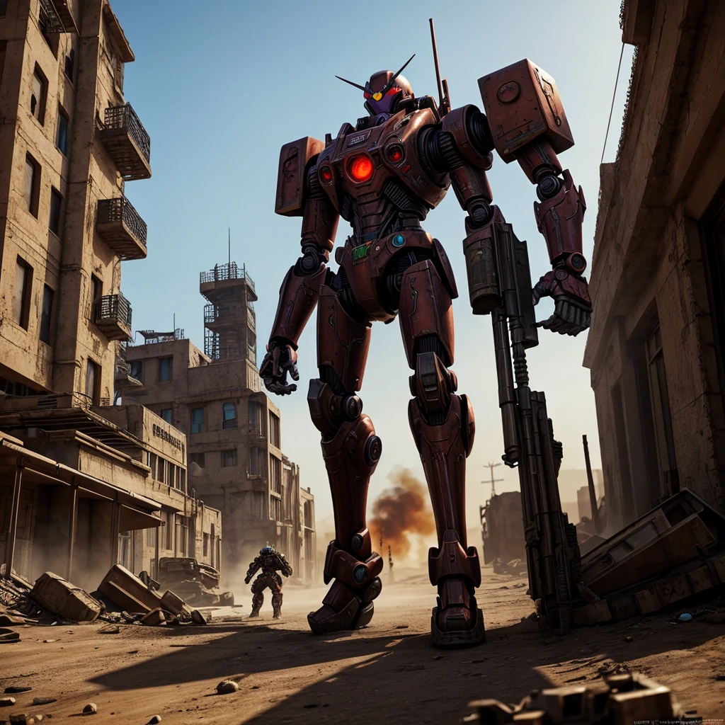 A red robot with purple eyes, war frame, steampunk, big guns. Stalking along an alien ruined city, wasteland
