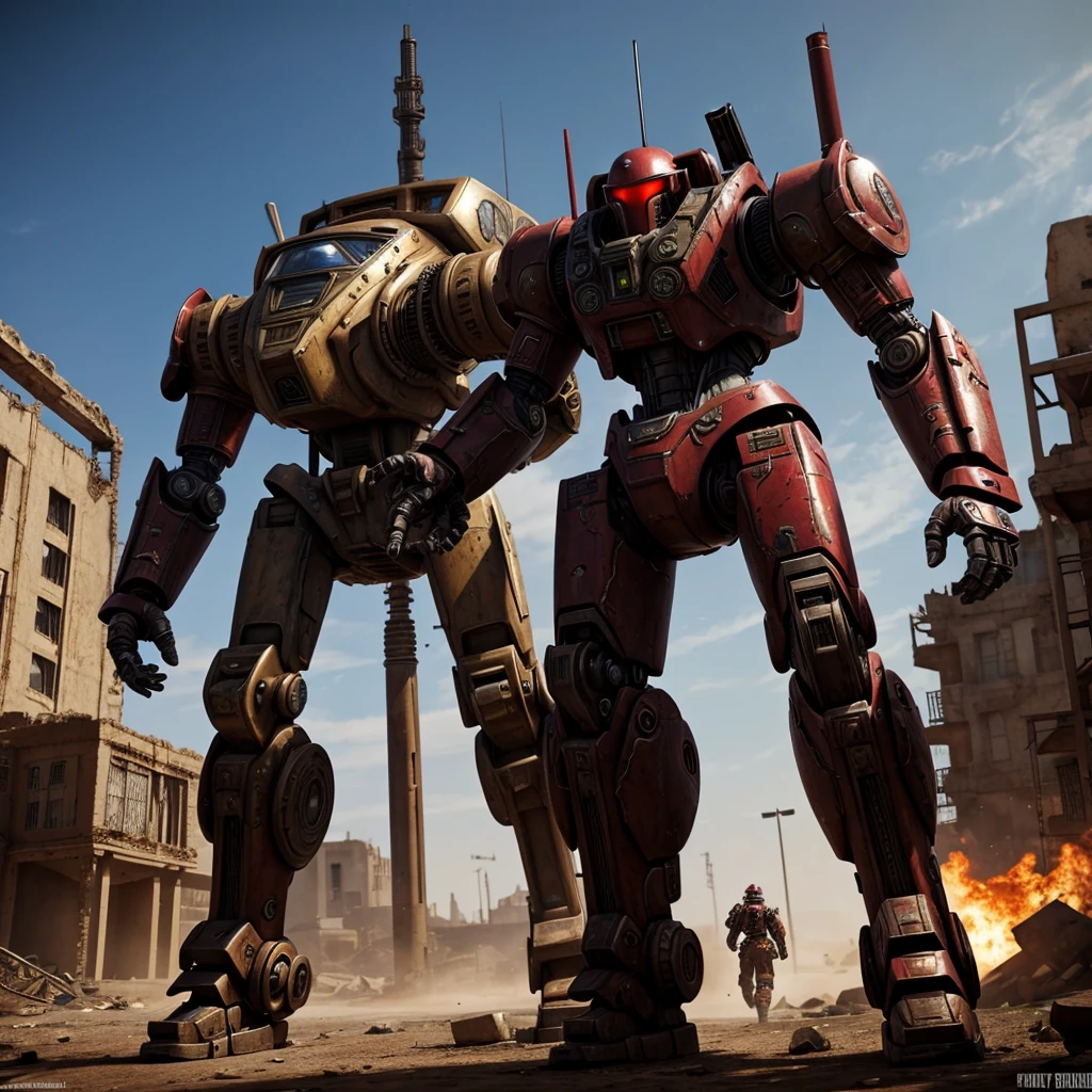 A red robot with purple eyes, war frame, steampunk, big guns. Stalking along an alien ruined city, wasteland