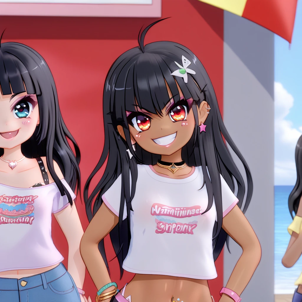 (masterpiece), best quality, highly detailed faces, (SHARP details), 4k, highly detailed, expressive eyes, SHARP detail expressive eyes, (SHARP detail perfect face), By mantis-x, gyaru, young girls, small breasts, playful smile, (black hair), standing, ((dark skin)), slutty, red light district, long hair, nighttime, (multiple girls), wearing prostitute outfit,