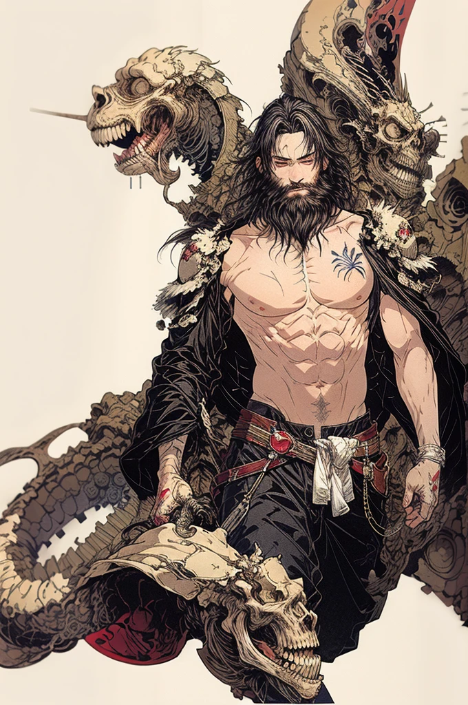 best quality,masterpiece,Ultra-high resolution,1 person,looking at the audience,one,Yamamoto Takashi style,
simple background,White_background,Machinery Division,Exoskeleton,Cold-blooded bearded man,toughboy style, Shirtless,trousers, muscle, tattoo