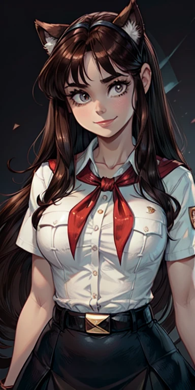 girl,sexy,stewardress,red torn shirt,long hair,brown hair,smile,happy