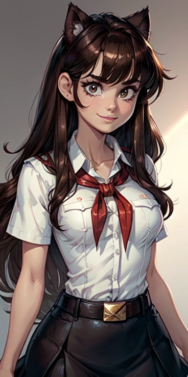 (young girl:1.4), very young slim fit girl, at full height, rounded face, snub nose, (very long disheveled dark brown hair:1.4), big brown eyes, shy smile, (perfect flat breast:1.3), band on head with fake cat ears, parororo, pioneer neckerchief, blue thight microskirt, bangs, shirt, collarbone, white shirt, short sleeves, collared shirt, belt, neckerchief, eyelashes, red neckerchief, breast pocket