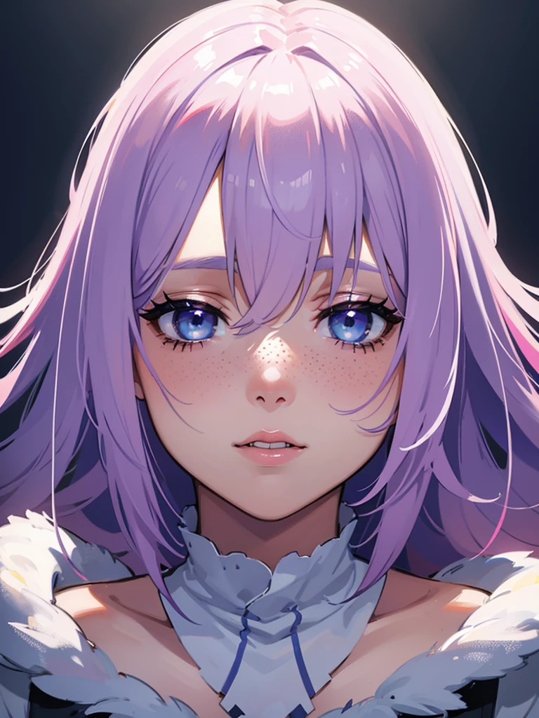 a 22 years old light blue and gradient pink haired woman, fluffy hair, soft lilac eyes and blue lipstick, messy bangs, freckles, gentle expression, white winter clothing, cotton headband, detailed face, beautiful detailed eyes, beautiful detailed lips, extremely detailed eyes and face, long eyelashes, high quality, 8k, hyper realistic, detailed painting, digital art, vibrant colors, dramatic lighting, cinematic