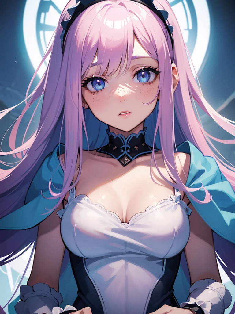 a 22 years old light blue and gradient pink haired woman, fluffy hair, soft lilac eyes and blue lipstick, messy bangs, freckles, gentle expression, white winter clothing, cotton headband, detailed face, beautiful detailed eyes, beautiful detailed lips, extremely detailed eyes and face, long eyelashes, high quality, 8k, hyper realistic, detailed painting, digital art, vibrant colors, dramatic lighting, cinematic