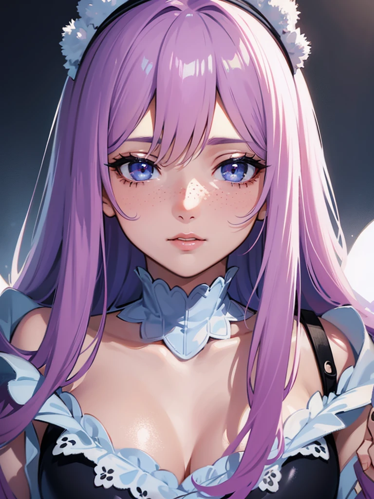 a 22 years old light blue and gradient pink haired woman, fluffy hair, soft lilac eyes and blue lipstick, messy bangs, freckles, gentle expression, white winter clothing, cotton headband, detailed face, beautiful detailed eyes, beautiful detailed lips, extremely detailed eyes and face, long eyelashes, high quality, 8k, hyper realistic, detailed painting, digital art, vibrant colors, dramatic lighting, cinematic