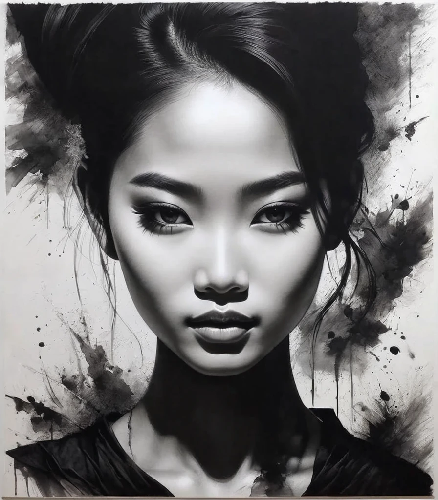 black charcoal art，Thai artist Thawan Duchanee uses black charcoal to create a portrait of a young woman&#39;s face.