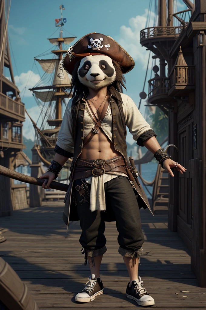 anthropomorphic cute panda, charming smiling Jack Sparrow, wearing Chuck Taylor sneakers, and an eye patch , pirate hat, 3d cartoon character, pirate ship background,
fantasy concept art, in style Greg Rutkowski, unreal engine, depth of field,
ultra high quality model, intricate
artwork masterpiece, golden ratio, trending on cgsociety, intricate,
epic, trending on artstation, 32k, hdr